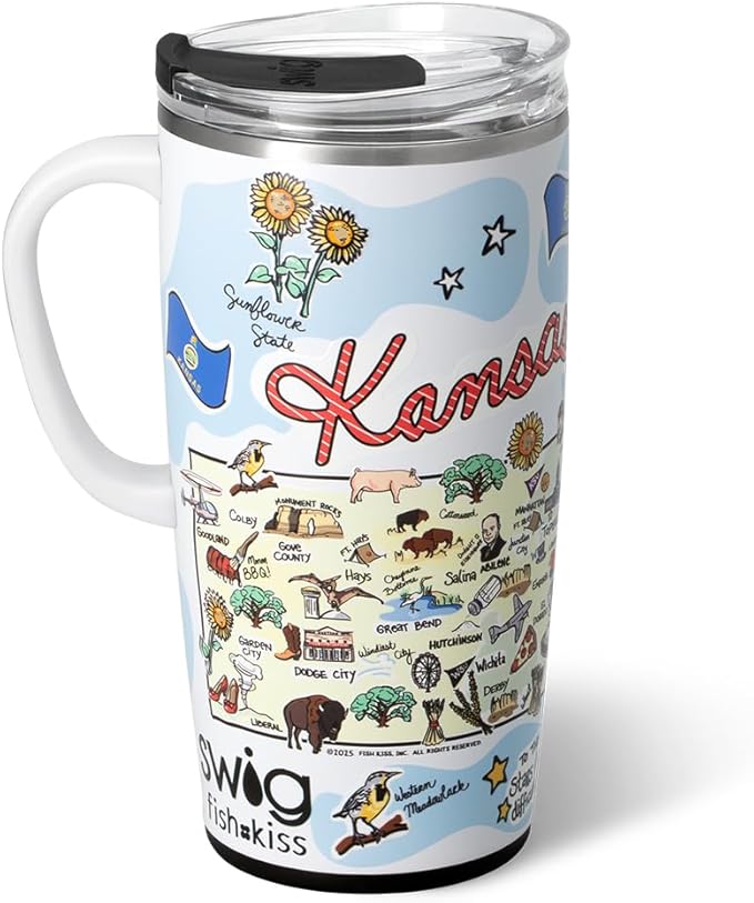 Swig Life 22oz Travel Mug, Insulated Tumbler with Handle and Lid, Travel Coffee Mug, Cup Holder Friendly, Stainless Steel 22 oz Tumbler, Reusable Insulated with Lid (Kansas)