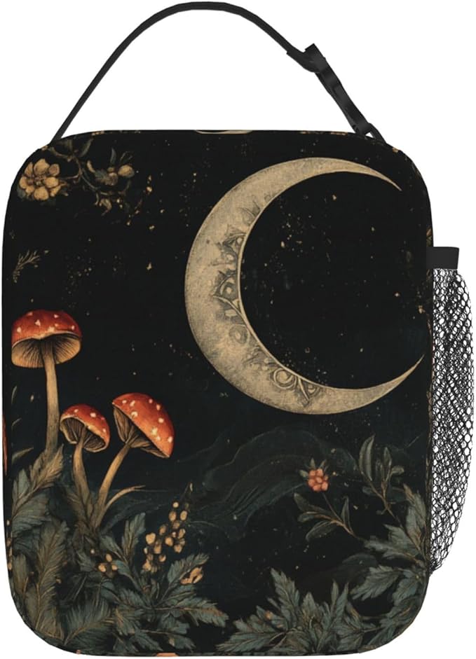 SUPLUCHOM Lunch Bag Botanical Flower Moon Vintage Insulated Bento Box Cooler with Side Pocket for Girl Boy Women Men Work School Picnic Hiking Daytrip
