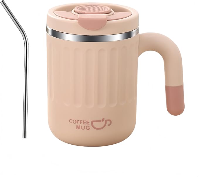 16oz Insulated Coffee Mugs - Ideal for Indoor Office Use. Features SUS 304 Inner, Double Wall Insulation, Detachable Silicone Ring. 3 Drinking Options. Available in White, Brown, Pink (Pink)