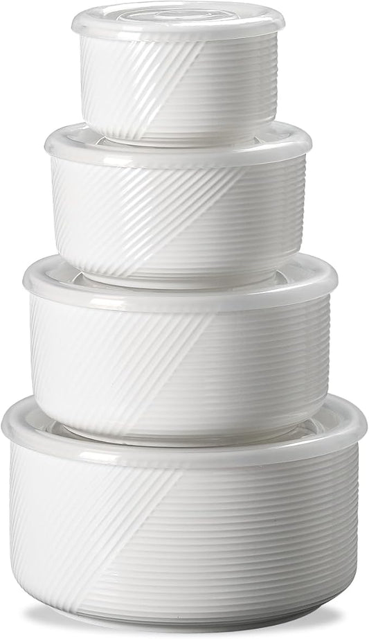 Ceramic Nesting Bowls with Lids: Mixing Bowls with Lids - Porcelain Food Storage Containers For Prep and Serving, Microwavable Kitchen Bowl Set of 4, 50/32/20/10 oz (White)
