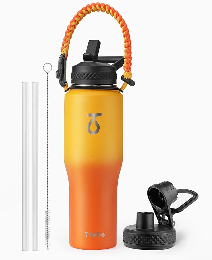 Trebo 32oz Insulated Water Bottle that Fits in Cup Holder, Stainless Steel Bottles Tumbler Double Wall Metal with Straw Spout Lids,Travel Flask with Paracord Handle, Sweat Proof Keep Cold &Hot,Orange