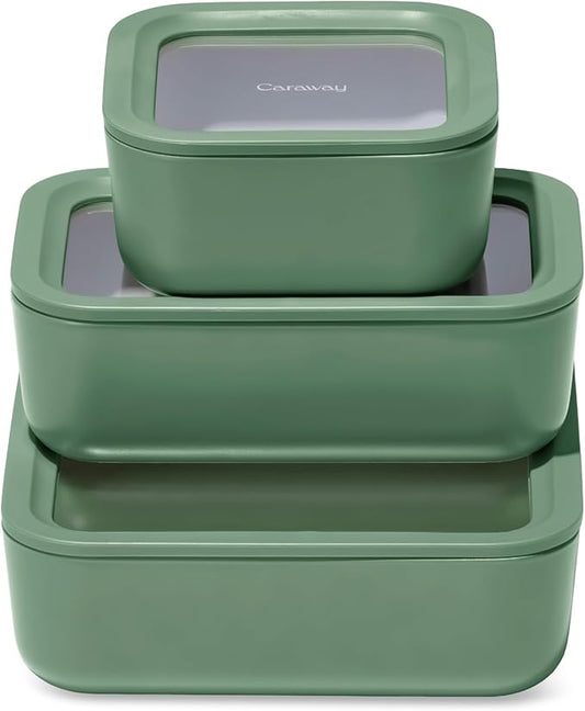 Caraway 3pc Glass Food Storage Set – 10 Cup, 6.6 Cup, & 4.4 Cup Food Containers - Ceramic Coated - Non Toxic Non Stick Lunch Box with Glass Lids - Dishwasher, Oven, & Microwave Safe - Sage