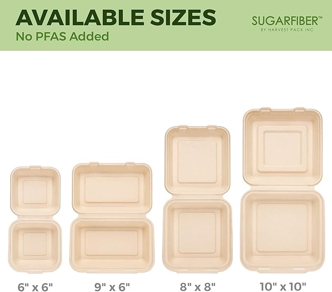 [50 COUNT]Harvest Pack PFAS FREE 6 X 6" Compostable Clamshell Take Out Food Containers, Single Compartment To go Container, Square Heavy-Duty Bagasse Bento Cake Box, from Eco-Friendly Sugarcane Fibers