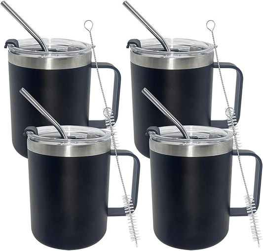 4pack 12oz Coffee Mug With Handle Bulk, Stainless Steel Insulated Travel Tumblers With,Double Wall Vacuum Camping Cup for Hot & Cold Drinks Tea (Black)