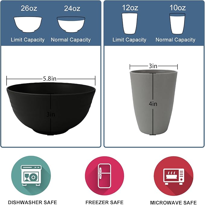 Wrova 40Pack plates and bowls sets for dinner - Unbreakable wheat straw dinnerware sets service for 8 - Alternative plastic 40pcs dish sets for camping,picnic and R.V. - (Black & Grey)