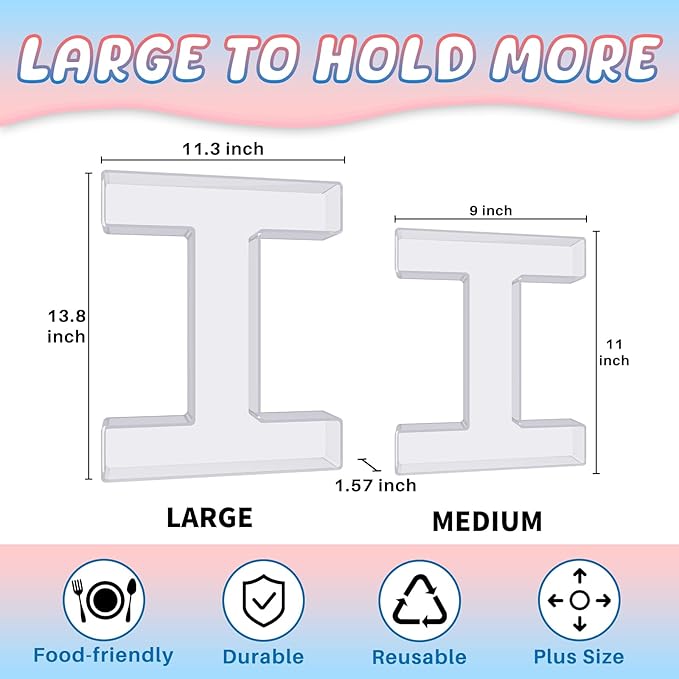 13.8" Extra Large Acrylic Letter Charcuterie Board Box, Reusable Fillable Letter Cake Candy Dish Display Serving Tray for Birthday Anniversary Party Decoration (I)