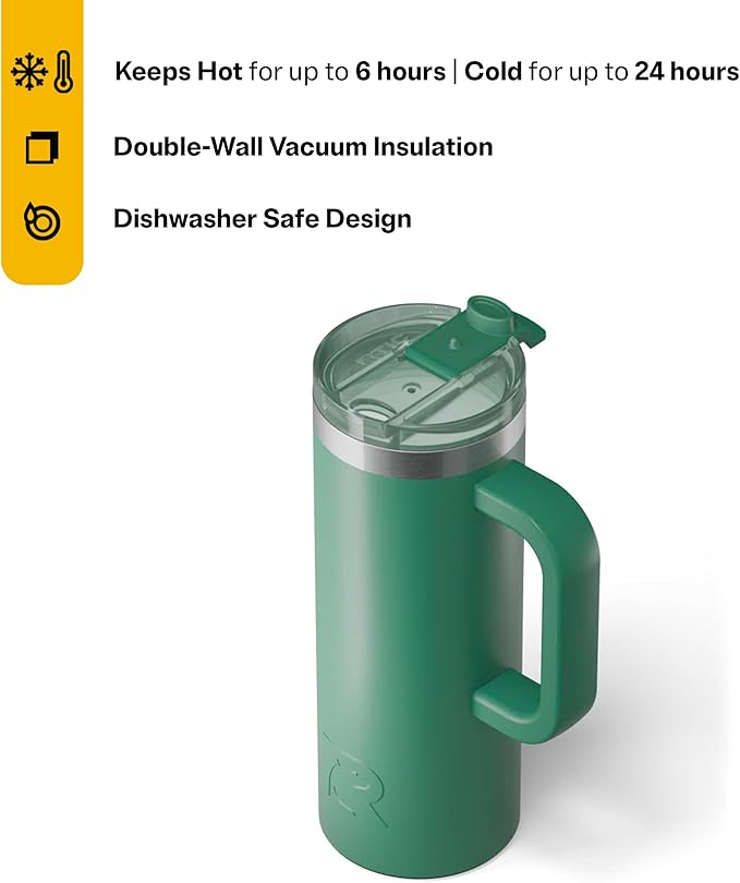 RTIC 20oz Road Trip Travel Mug with Lid and Handle, Ceramic Lined, Insulated, Stainless Steel, Metal, Double Wall Vacuum-Insulation, Portable Coffee, Tea Cup for Hot and Cold Drink, Pine Tree