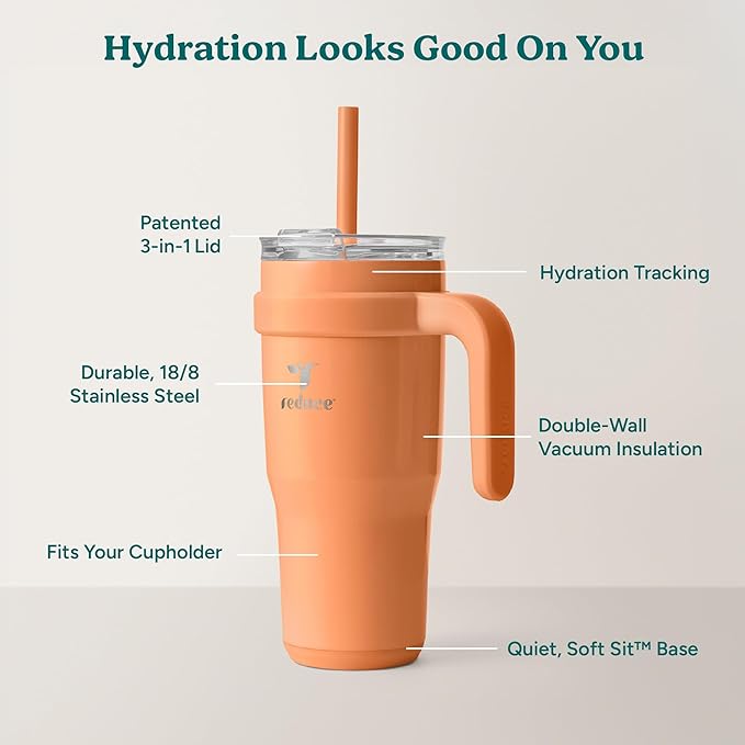 REDUCE 24 oz Tumbler with Handle - Vacuum Insulated Stainless Steel Travel Mug with Sip-It-Your-Way Lid and Straw - Keeps Drinks Cold up to 24 Hours - Sweat Proof, Dishwasher Safe - OG Papaya