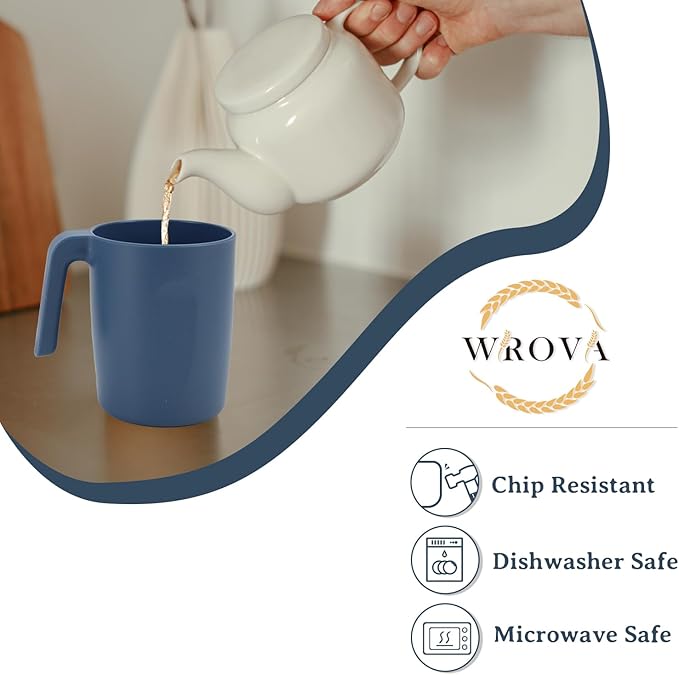 Wrova 16oz Wheat Straw Cups with handles set of 6-Plastic Cups Reusable-Unbreakable Kids Mugs-Dishwasher Safe & Microwave Safe-Ideal Plastic Mugs for Tea,Coffee,Camping,RV-Navy Blue