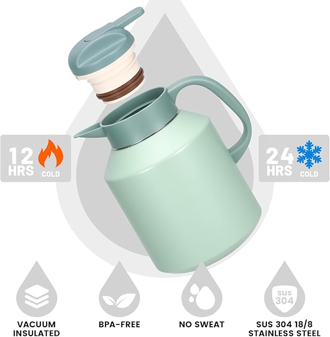 70 oz Thermal Coffee Carafe Insulated for Keeping Hot and Cold, Stainless Steel Vacuum Thermal Coffee Pot for Coffee, Tea, Water for Parties, Green