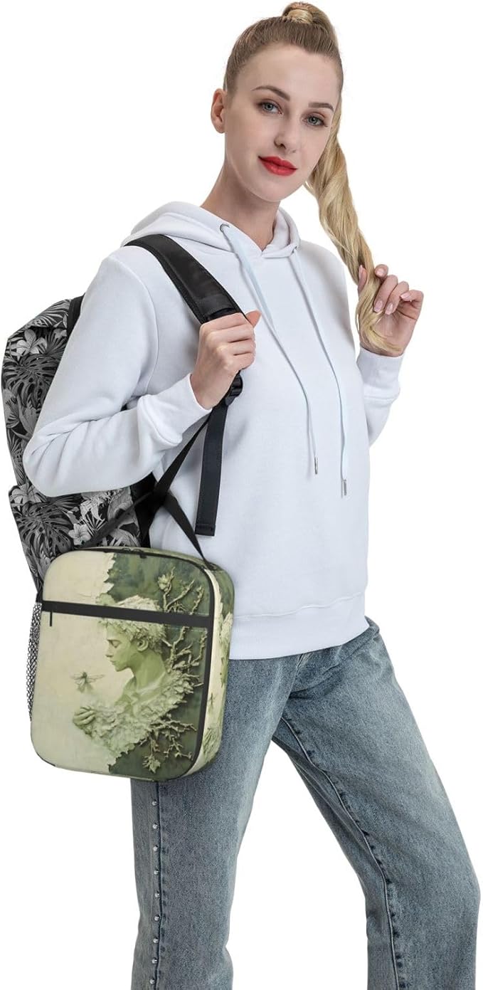 Artistic Men Sage Green Background Insulated Lunch Box for Women and Nature Lovers Oil Painting Style Branch and Leaf Lunch Bag for Travel,or Fishing Polyester Lunch Box