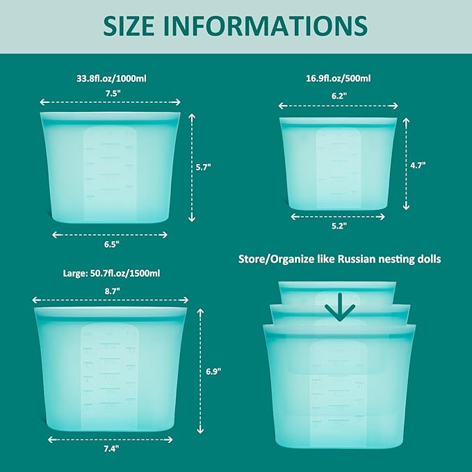 12-Pack Reusable Silicone Food Storage Bags, 100% Silicone Stand-Up Wide-Open Zip-Lock Reusable Storage Bags for Food, Freezer Microwave Oven Dishwasher Safe, Aqua, 4L 4M 4S