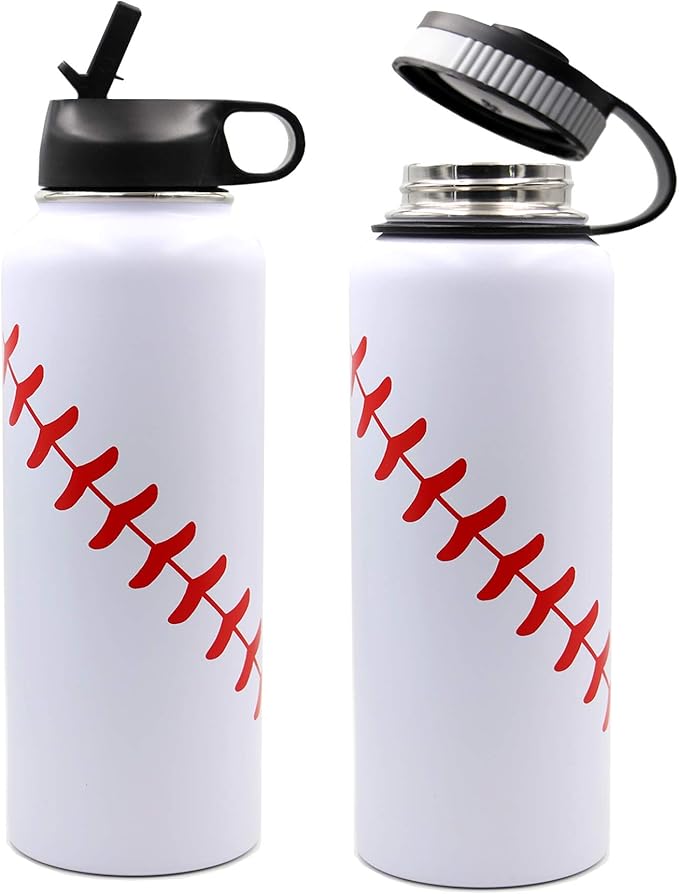 40 oz Baseball Water Bottle, Sports Flask Metal Thermo Travel Tumbler with 2 Lids, Stainless Steel Double Wall Vacuum Insulated Leak Proof Water Jug, Baseball Accessories Gifts for Mom Men Boys Girls