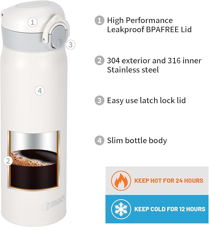 17 oz / 500 ml Insulated Water Bottle, Stainless Steel Thermo Coffee Travel Mug, Thermal Cup with Snap Flip Lid, BPA Free for Hot and Cold Drinking, White
