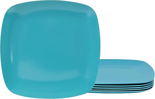 TP 10.5" Melamine Square Dinner Plates, 6-piece Plate Set Unbreakable Serving Dishes for Indoors and Outdoors, Unbreakable Dinner Service for 6, Teal