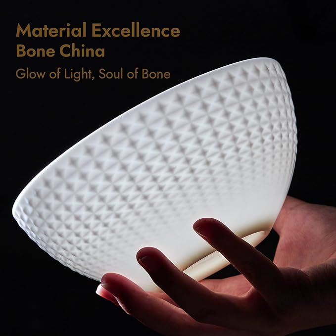 KINGSTONE Bone China Dinnerware Set, 24-Piece White Lightweight Porcelain for 8, Plates and Bowls with Rhombus patterned edge design, Microwave and Dishwasher Safe, for Family, Restaurant, Gifting