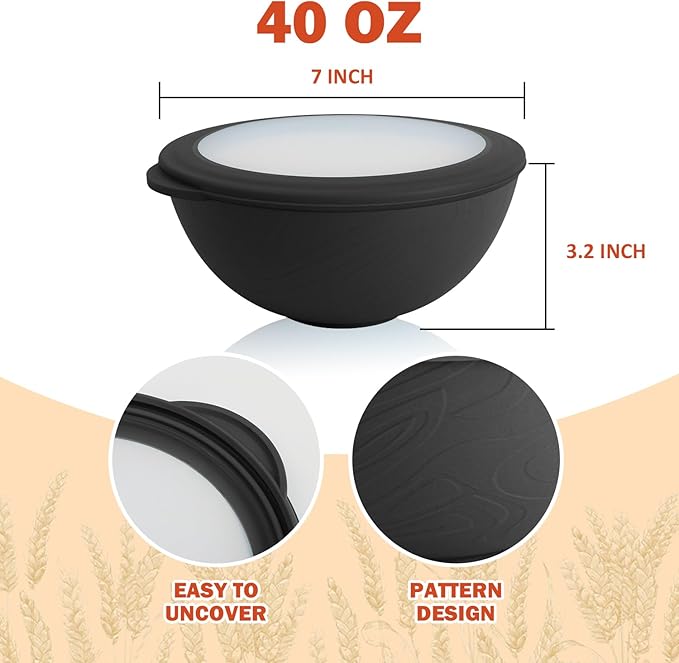 Wrova 40oz wheat straw bowls set of 4,unbreakable ramen bowl set with cover,alternative plastic bowls with cover for kitchen,party,camping and picnic. Black