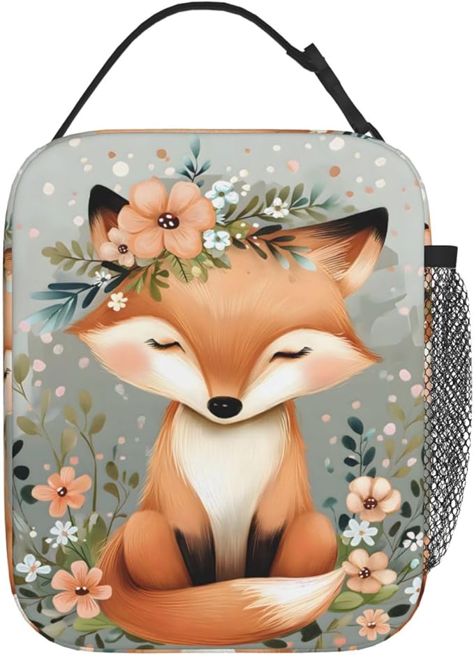 Reusable Cute Flower Fox Lunch Box for Kids, Insulated Floral Bag,Polyester Cooler Animal Lovers Handbags Case for School Picnic Work Travel Beach or Hiking, Gifts