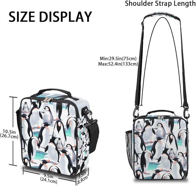 cfpolar Kids Penguin Lunch Bag, Reusable Insulated Lunch Box with Shoulder Strap, Thermal Cooler Lunch Tote, Leakproof, Multicolor, Animal Pattern