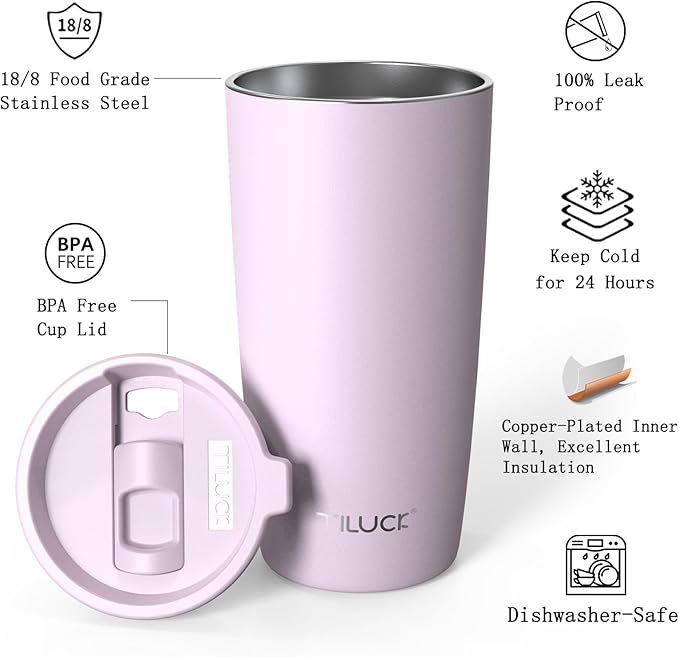 TILUCK 20 oz Tumbler with Leak-Proof Lid, Vacuum Insulated Stainless Steel Coffee Mug, Double-Walled Travel Tumbler for Hot and Cold Drinks(LightPurple, 20oz)