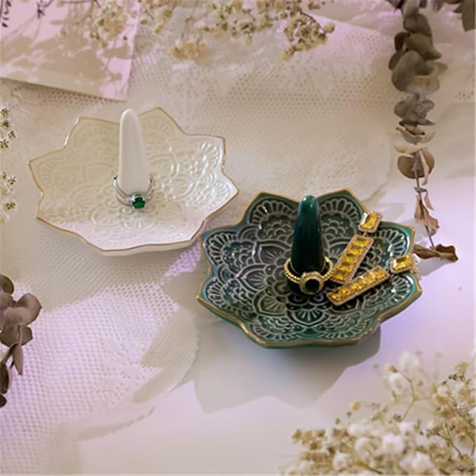 Ceramic Mandala Ring Holder, Decorative Jewelry Dish, Trinket Tray Room Decor, Engagement Wedding Birthday Gifts for Women (Green)