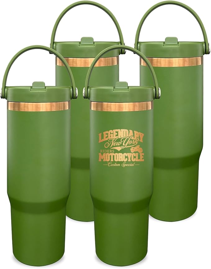 30 oz Tumbler Bulk with Handle and Straw, Vacuum Insulated Tumblers with Flip Straw and Top Handle, Leakproof Powder Coated Tumbler, Stainless Steel Travel Mug for Coffee (Army Green, 4 Pack)