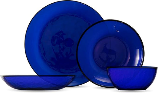 FORTESSA Los Cabos Tableware, 16-Piece Glass Dinnerware Set with 4 Dinner Plates, 4 Salad Plates, 4 Coupe Bowls and 4 Cereal Bowls, Dishwasher-Safe Glass Plate Set, Cobalt Blue