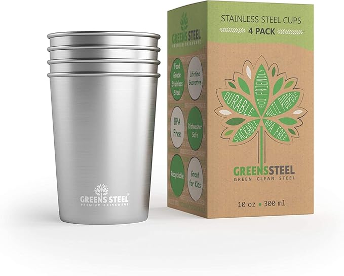 Stainless Steel Cups 10oz Tumbler (4 Pack) - Premium Metal Drinking Glasses | Stackable Durable Cup (10 oz)