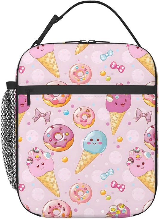 Reusable Cute Ice Cream Lunch Box for Kids Girls Boys Women Adult, Insulated Food Donut Pink Lunch Bag,Polyester Cooler Handbags Case for School Picnic Work Travel Beach or Hiking