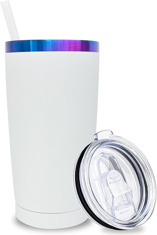 20 oz Tumbler Stainless Steel Tumbler with Lid and Straw, Double Wall Vacuum Insulated Travel Coffee Mug for Laser Engrave, Powder Coated Cup for Hot and Cold Drinks (White,1 pack)