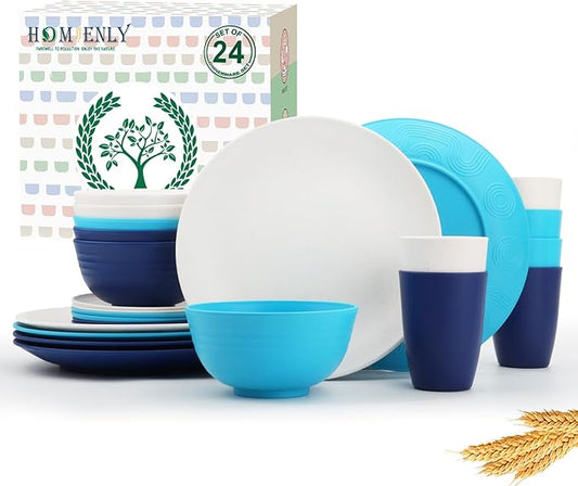 Homienly 24 PCS Wheat Straw Dinnerware Set for 6, Dinner Plates,Dessert Plates,Cereal Bowls,Drinking Cups,Unbreakable Dishwasher and Microwave Safe Dish Sets for Kitchen,Outdoor - Island Series