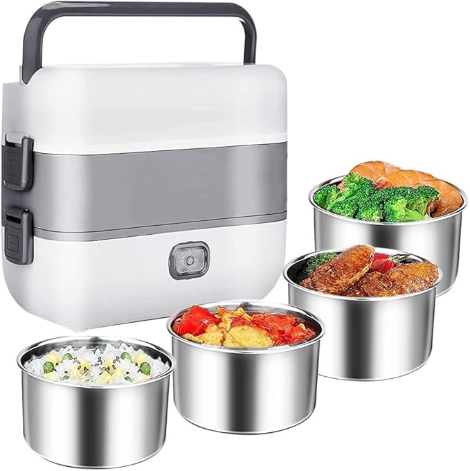 Portable Self Cooking Electric Lunch Box, Mini Rice Cooker, 2 Layers 4 Stainless Steel Steamer Food Insulation Lunch Box for Home Office Dormitory Travel Outdoor Kitchen Cook Raw Food, 2L/110V/200W