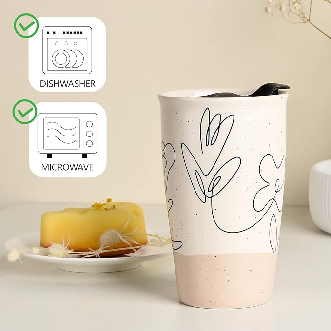 ANTIS'S HOME Ceramic Coffee Mug with Lid, Flower Pattern Double Wall Coffee Travel Mug Ceramic Tumbler 9.64oz, Reusable Tall Cup, Splash Resistant Lid, Dishwasher Microwaveable Safe