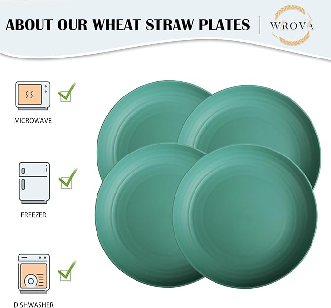 Wrova Wheat Straw Plates - 10 Inch Unbreakable Dinner Plates Set of 8 - Dishwasher & Microwave Safe Plastic Plates Reusable for Indoors and Outdoors (Green)
