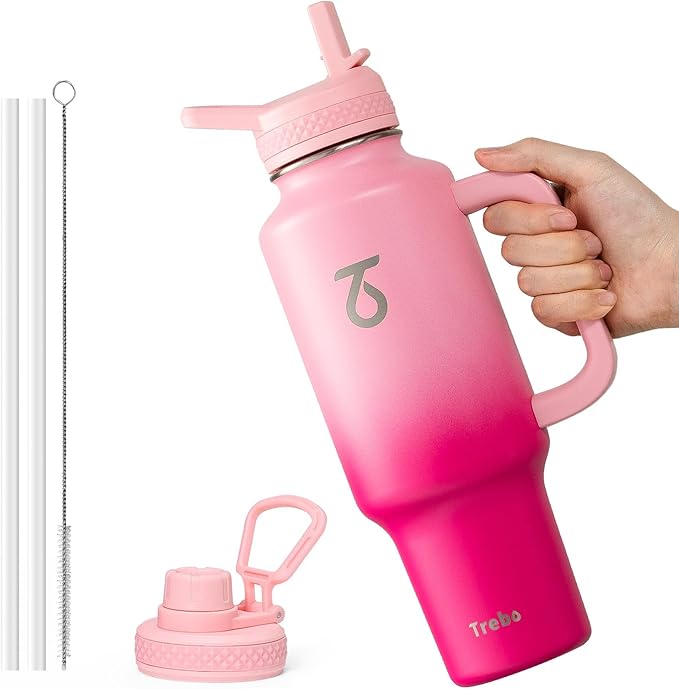 Trebo 40 oz Water Bottle Insulated with Handle, Leakproof Keep 24hrs Cold &Hot,Stainless Steel Travel Tumbler that Fits in Car Cup Holder with Straw Lids,Pink Reusable Water Bottles for women