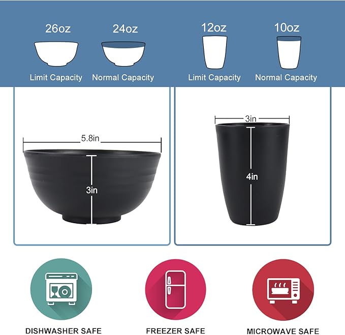 Wrova Wheat Straw Dinnerware Set of 40 Pieces - 10" & 9" Plates, 6" Snack Plates, 26oz & 12oz Bowls & Cups - Unbreakable, Microwave & Dishwasher Safe - Black