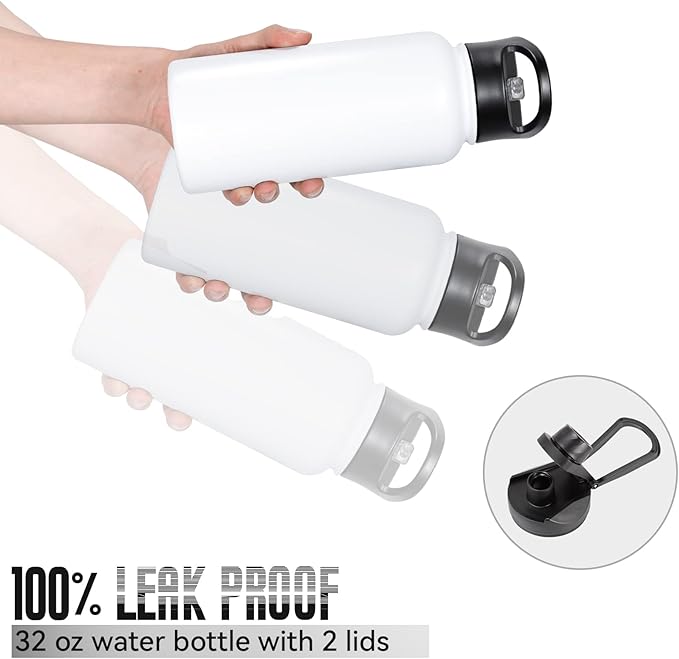 32 oz Insulated Water Bottle Bulk 8 Pack, Stainless Steel Sports Water Bottles with Straw Lid & Wide Mouth Lids, Double Walled Vacuum, Leak Proof, White