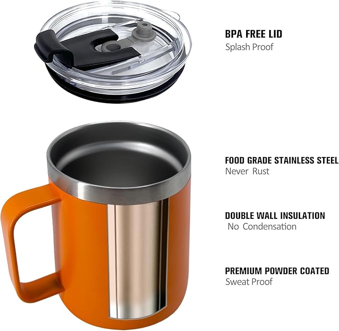 1pack 12oz Coffee Mug With Handle Bulk, Stainless Steel Insulated Travel Tumblers With,Double Wall Vacuum Camping Cup for Hot & Cold Drinks Tea (orange)