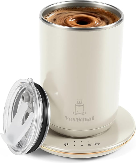 Automatic Self Stirring Coffee Mug with Lid, Smart Temperature Control USB Powered Coffee Milk Cocoa Cup, 11 oz White Stainless Steel Mug Warmer