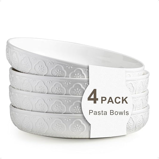 YHOSSEUN 9.75" Pasta Bowls Set of 4, 50 OZ Large Salad Serving Bowls, Ceramic Pasta Plate Bowls, White Soup Bowl, Microwavable Dinner Bowls for Kitchen, Embossed Sunflower