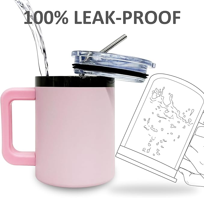 10 oz Tumbler with Handle and Straw Stainless Steel Insulated Coffee Mug for Laser Graving Powder Coated Cup with Black Plated(Pink,1 pack)