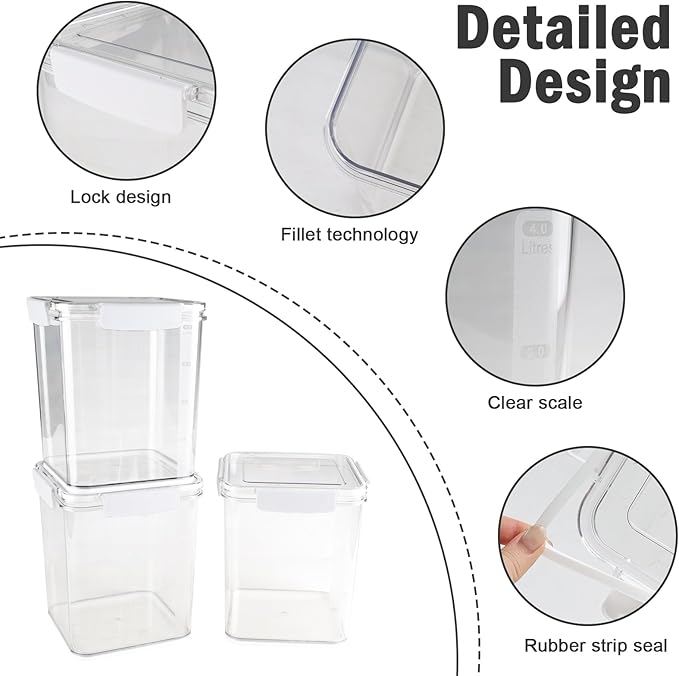 Set Of 3 Large Food Storage Jars 4L - Airtight Containers with Lids,Sugar and Flour Containers Set with Spoon,Kitchen Canisters for Sugar,Flour, Coffee,Pantry Organization Keeper(Clear-3 Pack)