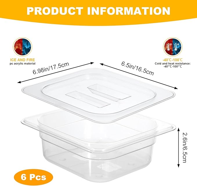 6 Pcs Clear Polycarbonate Food Pans with Lids, 1/6 Stackable Plastic Foods Pans for Commercial Kitchen Restaurant Food Prep, Freezer-Safe, 2.6 Inches Deep