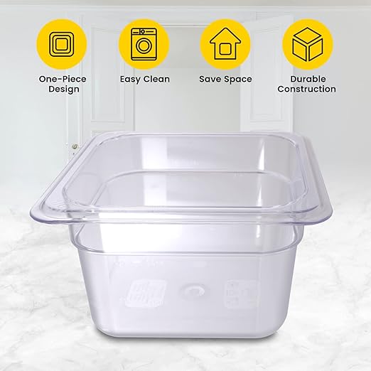 6-Pack Food Pan 1/6 Size Clear Polycarbonate Food Pans 6" Deep Commercial Hotel Pans for Party, Restaurant, Hotel