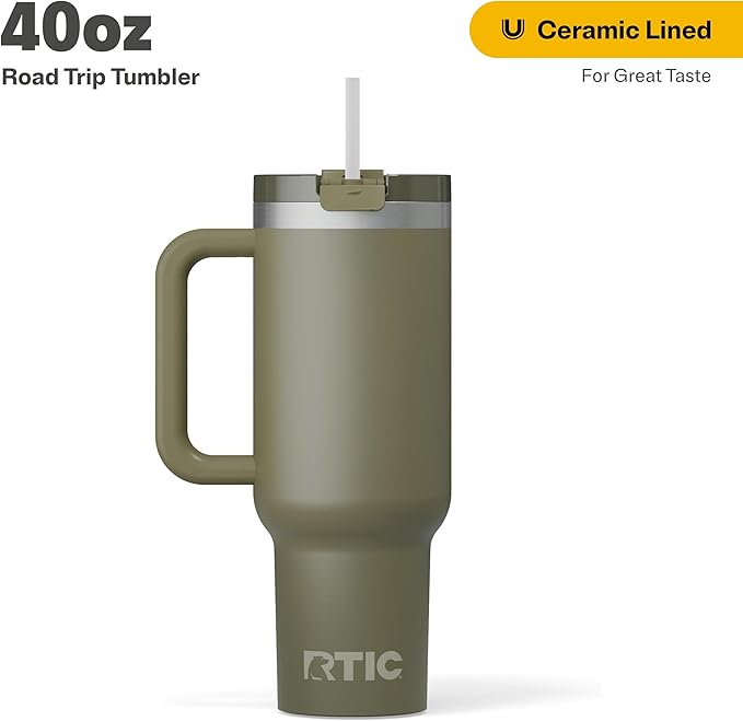 RTIC 40 oz Road Trip Tumbler Double-Walled Cermaic Lined Insulated Stainless Steel Portable Travel Coffee Mug Cup with Lid, Handle and Straw, Olive