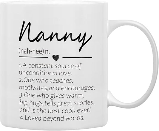 QASHWEY Nanny Definition Coffee Mugs Mug, Nanny Grandma Mother's Birthday Gifts for Granddaughter Grandson,Best Grandma Nanny Gifts Double Side Printed Ceramic Mug Cup 11 Ounce