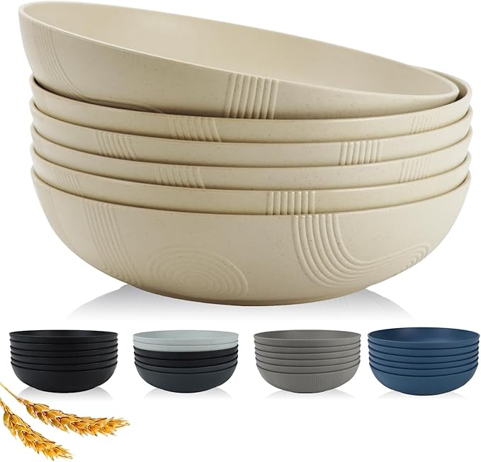 10inches Large Pasta Bowls Set of 6-65oz Wheat Straw Bowls,Bowl Plates,Large Plastic Bowls Reusable for Pasta,Salad,Soup,Unbreakable & Lightweight Bowls for Kitchen,Dishwasher Safe,BPA-Free(Beige)