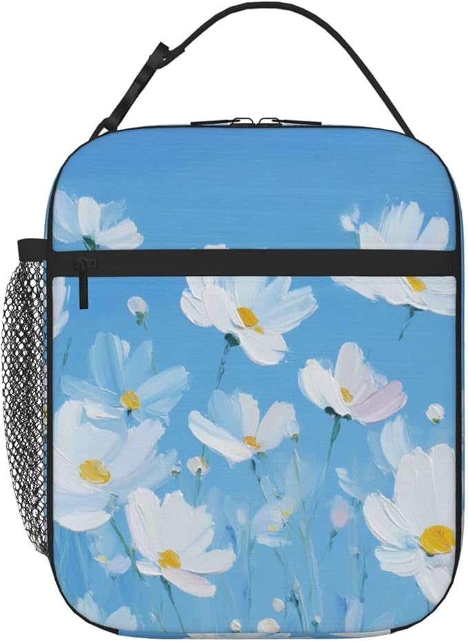 SUPLUCHOM Lunch Bag Flower Painting Blue Insulated Bento Box Cooler with Side Pocket for Girl Boy Women Men Work School Picnic Hiking Daytrip