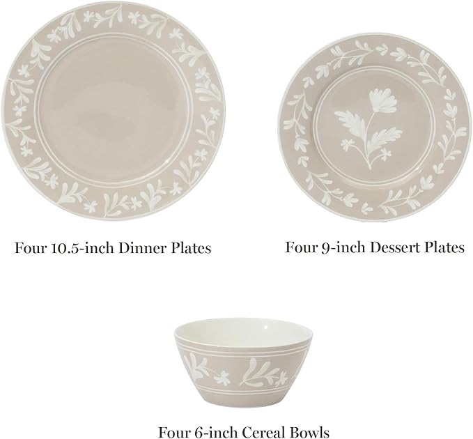 Martha Stewart Maiden Crown 12-Piece Taupe Dinnerware Set – Vegan Bone China Ceramic Plates & Bowls – Floral Design – Service for 4 – Dishwasher & Microwave Safe