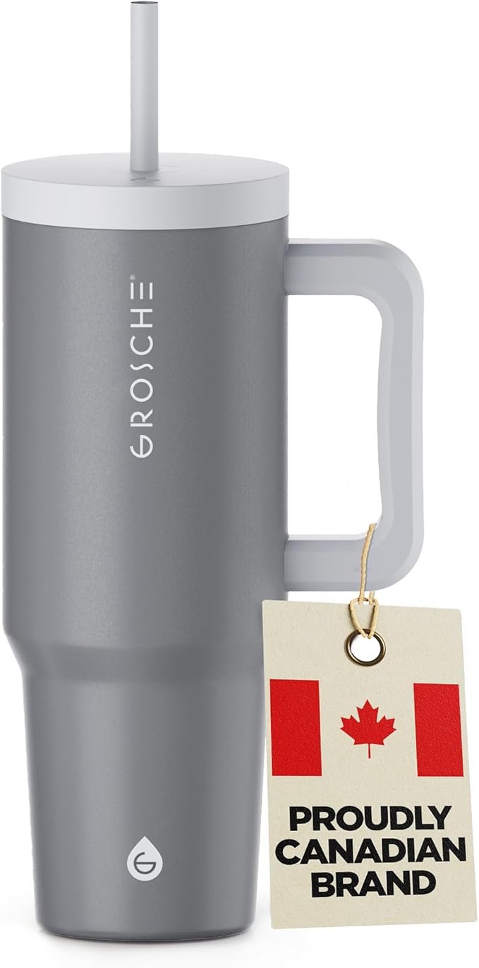 GROSCHE ASPEN 40 oz tumbler with handle and straw. Extreme insulation, classy design, built to last insulated stainless steel tumbler with handle, lid and straw - Steel Grey